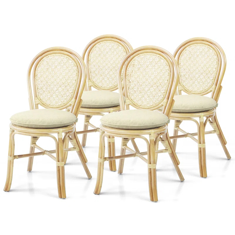 Bayou Breeze 4 Denver Dining Handmade Wicker Side Chair Natural Rattan With Cream Cushion (Set of 4)