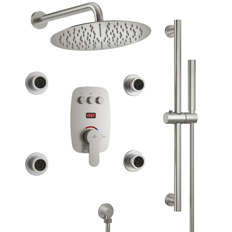 CASAINC 3-Function 12 Inch Temperature Digital Display Shower System With 2-Setting Slider Bar Handheld And 4Pcs Body Jets BR01009SX12BN