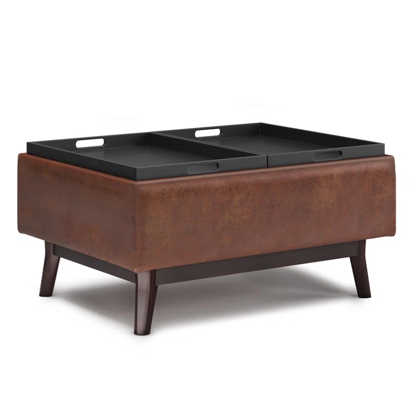 Simpli Home Owen 34"W Small Upholstered Coffee Table Storage Ottoman with Flip-Over Tray Top and Solid Wood Legs