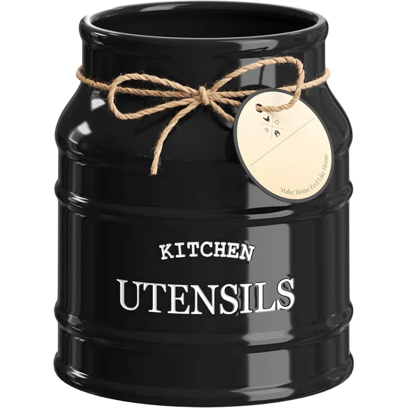 Red Barrel Studio® Ceramic Farmhouse Utensil Holder For Kitchen Counter, Large Rustic Utensil Crock, Countertop Cooking Tool Spatula Organizer, 6.75” (Black)