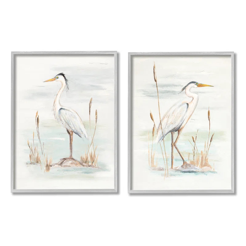 Stupell Industries " Elegant Heron Birds Cattails Plants In Water " by Patricia Pinto 2 - Pieces