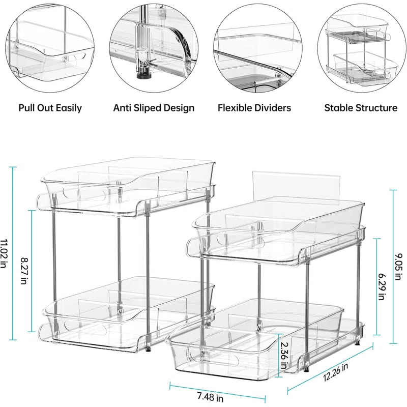THE GLAMOUR BOUTIQUES 2 Sets Of 2-Tier Clear Under Sink Organizers And Storage, Multi-Purpose Stackable Bathroom Cabinet Organizers, Pull Out Kitchen Pantry Organization And Storage With Dividers