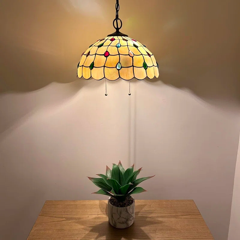 Astoria Grand Paladora Tiffany Pendant Lights Gold Stained Glass Crystal Beans LED Bulbs Included 16" W*16" D*75" H