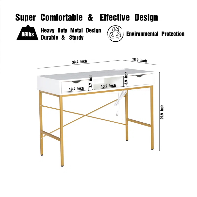 Ebern Designs Glenhill Writing Desk with Drawer - Built-In Power Outlets for Home Office