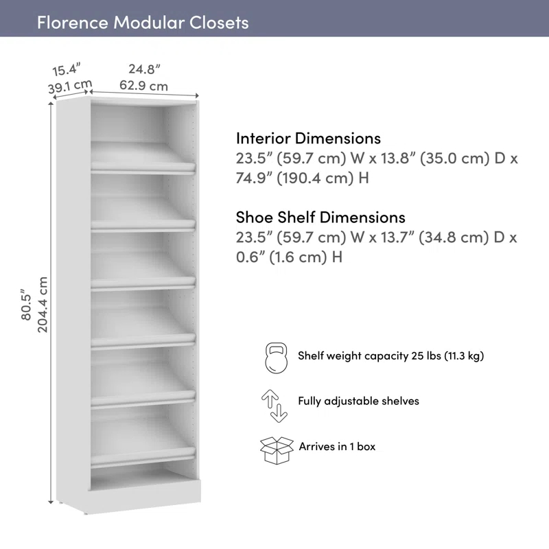 Bestar Florence 25W X 16D Modular Shoe Shelf Closet System Tower