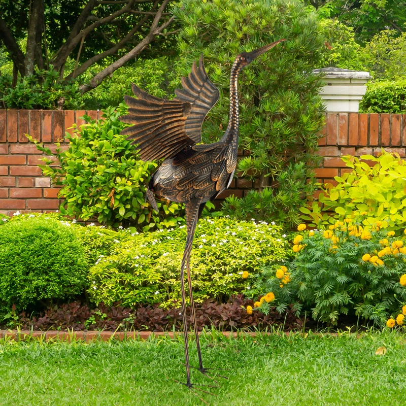 Red Barrel Studio® Flying Crane Garden Statue - 35-Inch-Tall Metal Yard Art Crane Statues for Outdoor Decor - Yard Crane Garden Sculptures & Statues - Lawn Ornaments for Patio, Pond, or Backyard by Pure Garden