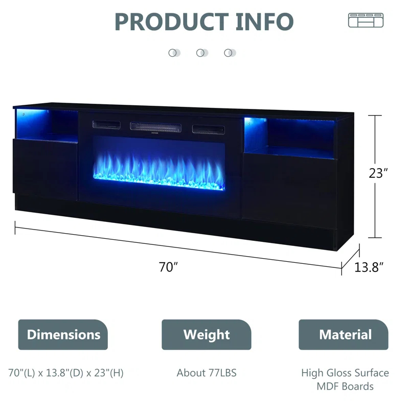 Hohenstein 70'' Fireplace Media Console, LED TV Stand for TVs Up to 80" with 36" Electric Fireplace