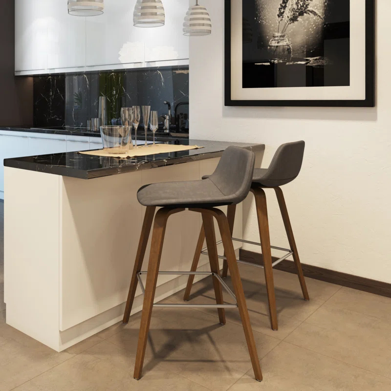 Simpli Home Randolph Upholstered Bentwood Mid-Century Modern Bar & Counter Stool with Chrome Footrest (Set of 2) (Set of 2)