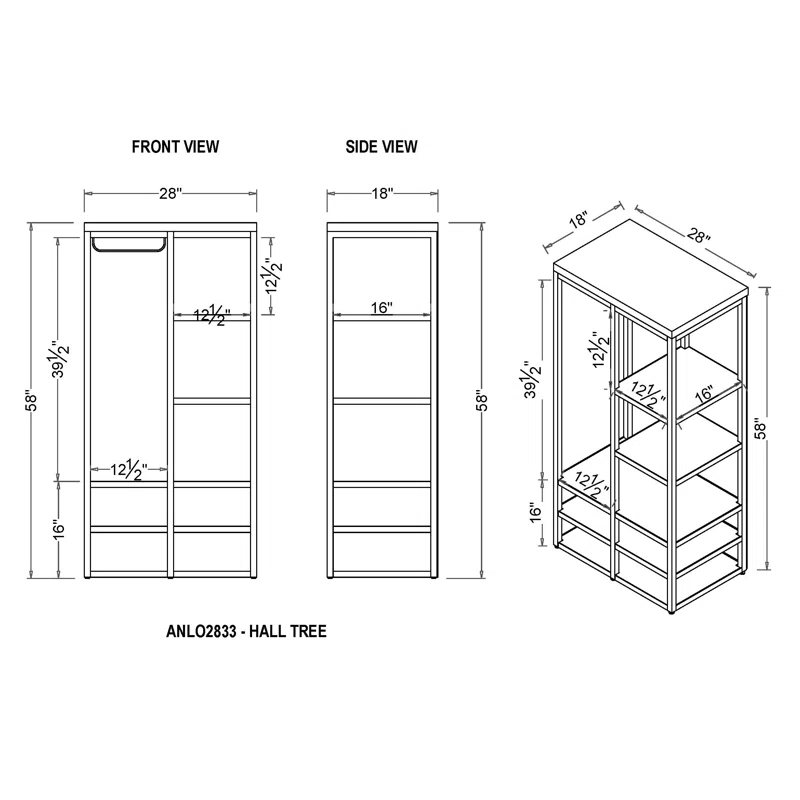Alaterre Lloyd 28"W 58"H Rustic Industrial Metal Frame Hall Tree With Covered Back, Shelves And Shoe Storage