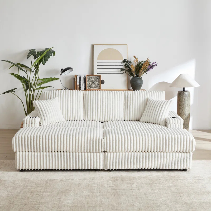 YOPENG 84Inch Corduroy 3-Seater Sofa With 3 Back Pillows ,2 Toss Pillows , A Ottoman ,2Storage Spaces And Cup-Holding Grooves Comfy Sofa- Deep Seat Couch For Living Room