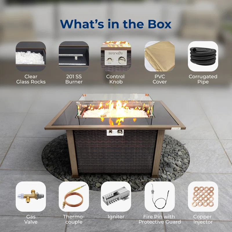 SereneLife 24.8" H x 43.31" W Propane Outdoor Fire Pit Table