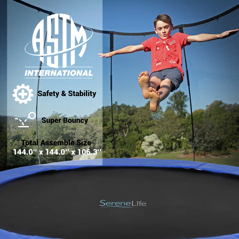 SereneLife Outdoor Trampoline With Enclosure 12Ft - Full Size Backyard Trampoline With Safety Net - Enclosed Trampoline For Kids, Teen, Adult - 12 Feet Indoor Outdoor Trampolines