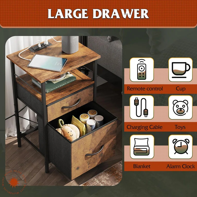 17 Stories Nightstand  With Charging Station, USB Ports And Outlets Bedside Side Tables With Fabric Drawers | Wayfair