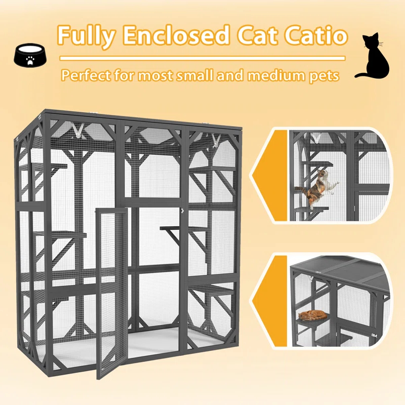 Tucker Murphy Pet™ Catio Outdoor Cat Enclosure Cat House Wooden Cat Cage Large Feral Cat Shelter For Mulitiple Cats With Six Platforms, Large Enter Door, Waterproof Roof 60" Grey