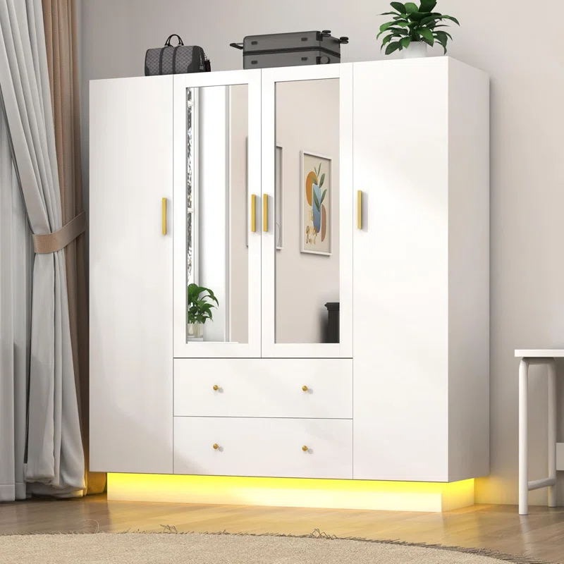Armoire Wardrobe Closet With Mirror & Led Light, 4 Door Wooden Storage Cabinet With Drawers, Spacious Armoire With Hanging Rod & Adjustable Shelves