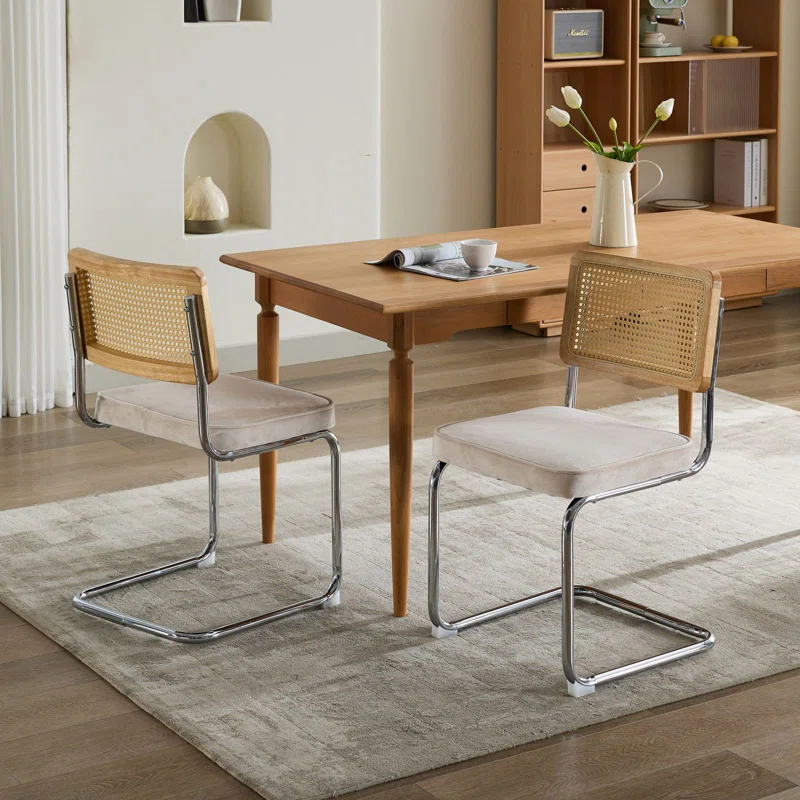 Orren Ellis Modern Dining Chairs Set Of 2, Velvet Accent Chairs With Natural Cane Back & Stainless Chrome Base, Famous Breuer Designed Chairs, Upholstered Rattan Kitchen Chairs