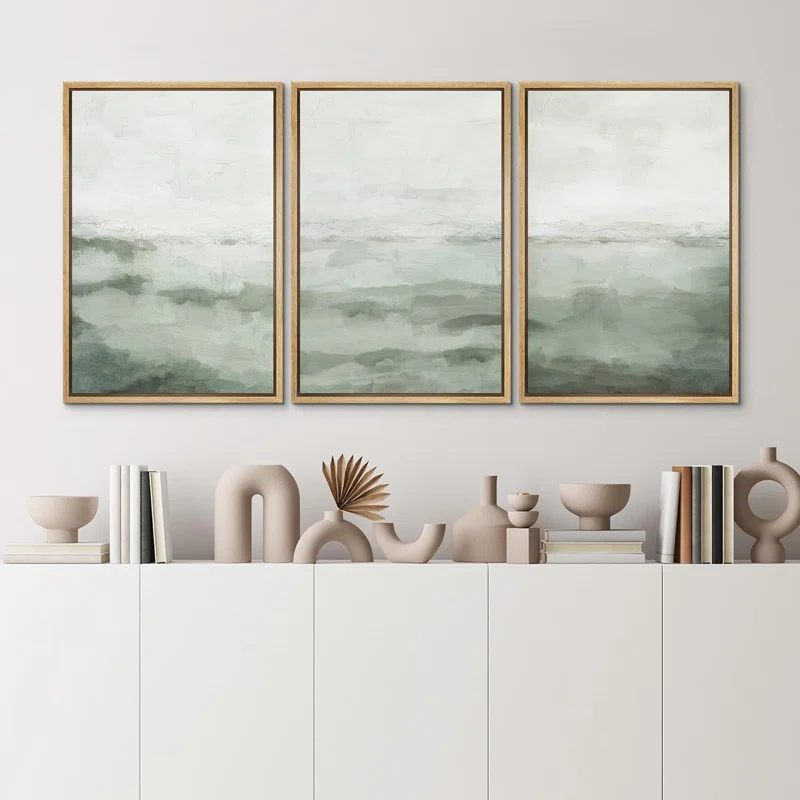 IDEA4WALL Sage Green Abstract Landscape Modern Organic Minimal Bedroom Framed Canvas Print 3 Pieces Wall Art