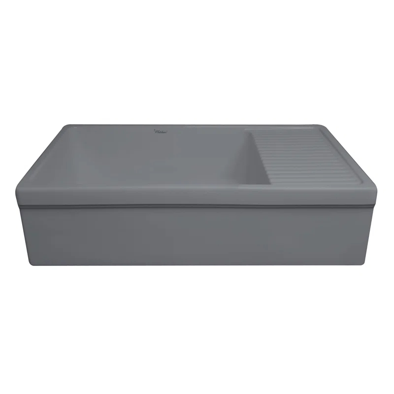 Whitehaus Collection WHQD540-M-CEMENT Whitehaus Collection 36” Single Bowl Fireclay Kitchen Sink: Integral Drainboard, Lip Front Apron
