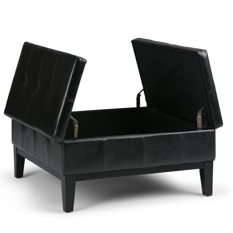 Simpli Home Dover 36"W Upholstered Square Coffee Table Storage Ottoman with Split Tufted Lift Top