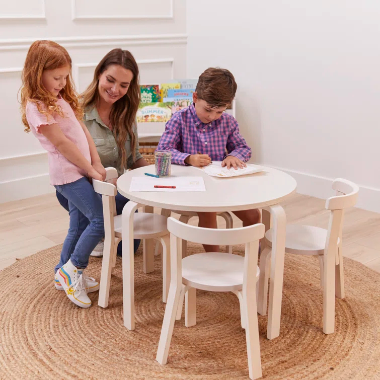 ECR4Kids Bentwood Round Table and Curved Back Chair Set, Kids Furniture, 5-Piece