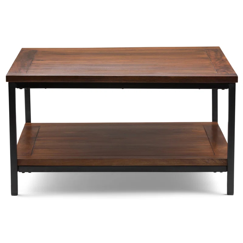 Simpli Home Skyler 34"W Solid Mango Wood Industrial Square Coffee Table with Open Shelf and Metal Frame