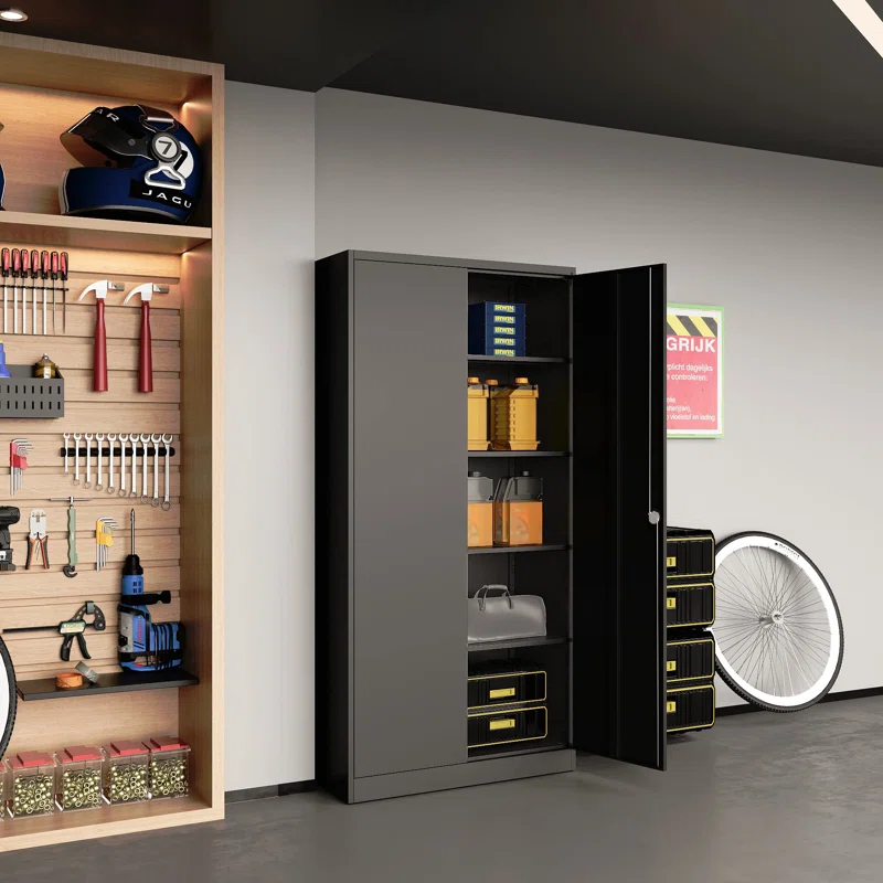 Inbox Zero Metal Storage Cabinet With Lock Door, Adjustable Shelf Steel Cabinets For Office, Home