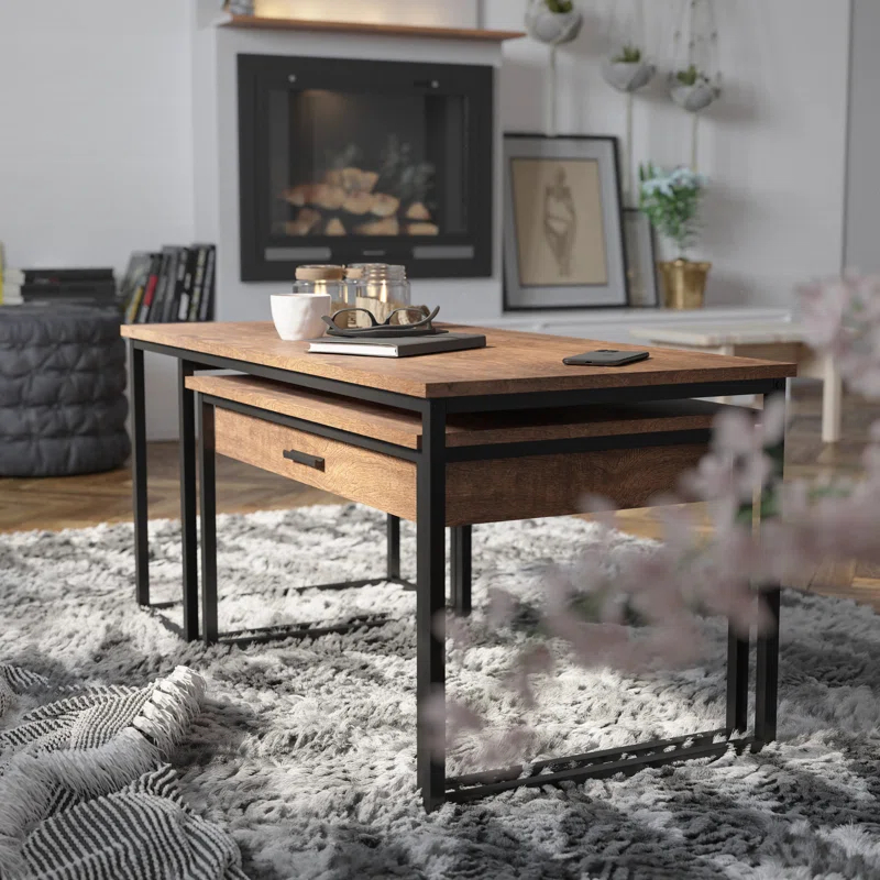 Flash Furniture 2 Piece Modern Nesting Coffee Table Set with Storage Drawer and Sled Base Metal Frames