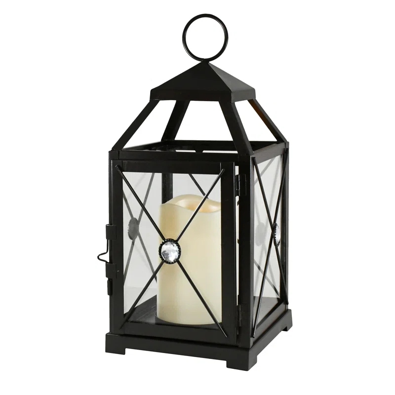 LumaBase Black Gem Metal Lantern with Battery-Operated Candle
