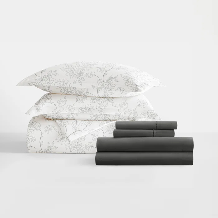 IEnjoy Home 8-Piece Reversible Bedding Bundle - Patterned Duvet Cover, Comforter Insert and Solid Sheet Set