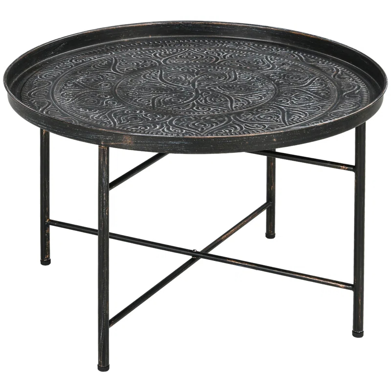 Dakota Fields 24" Round Coffee Table with Hammered Tray Top & Metal Frame