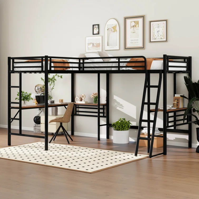 Mason & Marbles Double Twin Size Loft Beds, Metal L-Shaped Loft Bed Frame With Two Desk