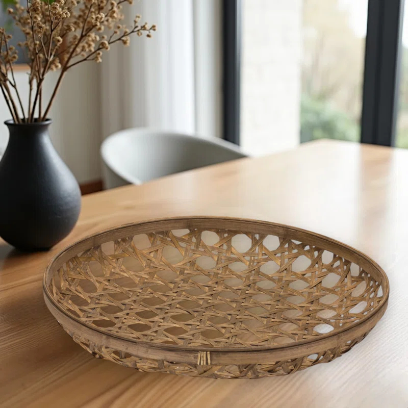 ZeaZu 22" Brown Bamboo Weave Round Wood Tray