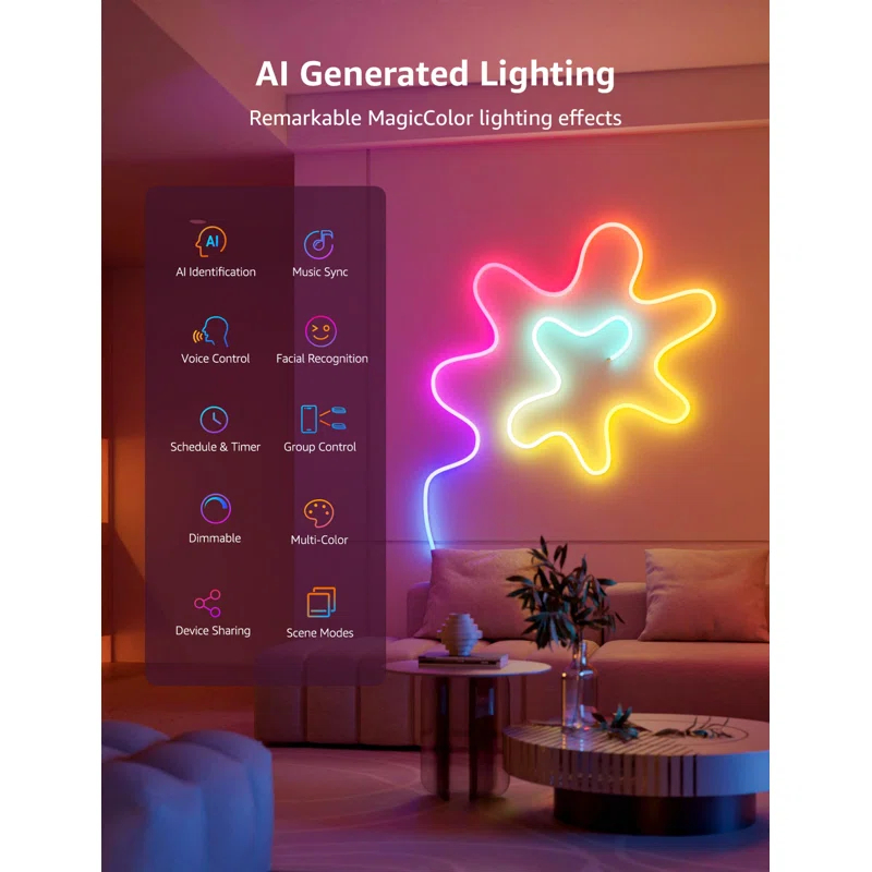 Lepro Lepro N1 AI Smart RGB Rope Lights, LLM AI Generated Lighting, LightBeats Music Sync, Color Segment DIY, Voice Control Via App, Wi-Fi & Bluetooth LED Strip Lights (Set of 6)
