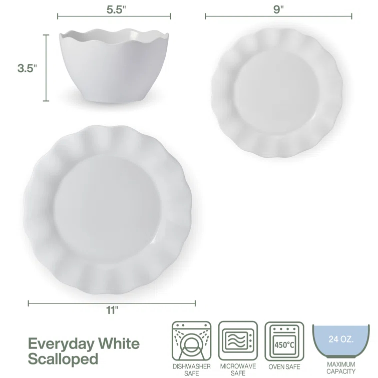 Fitz and Floyd Everyday White Scallop 12-Pc Dinnerware Set, Service For 4