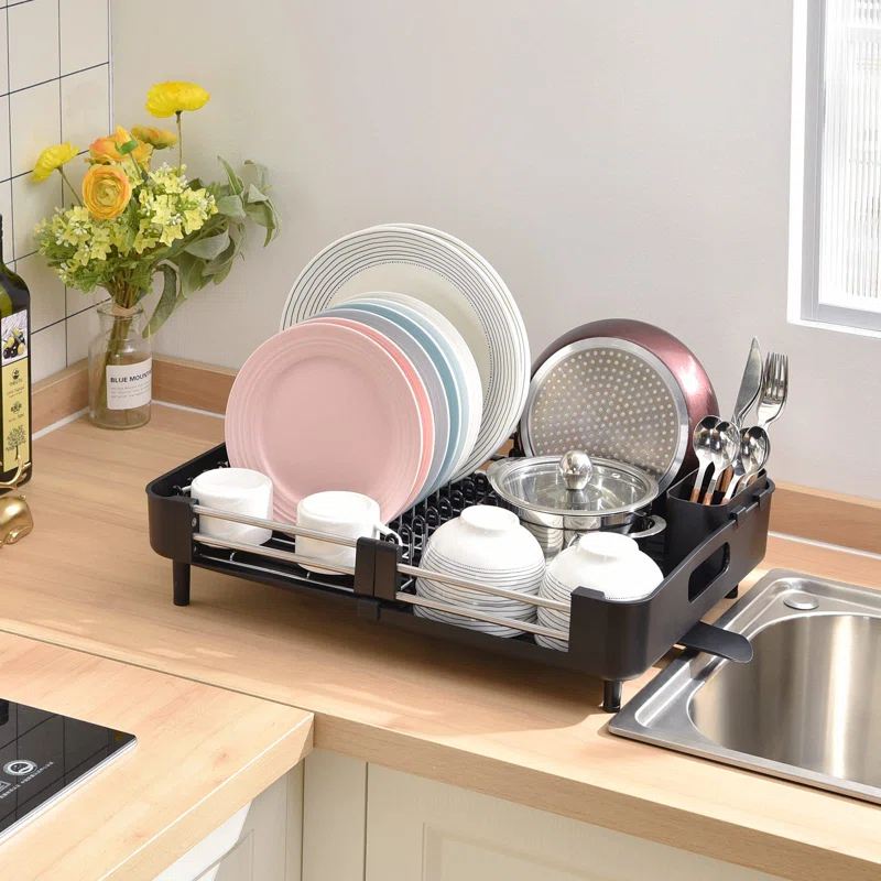 EDGAR'S FURNITURE MANUFACTURING INC Dish Drying Rack For Kitchen Counter, Extendable Dish Rack With Drainboard, Collapsible Dish Strainer With Cutlery Holder, Foldable Home Countertop Plate Storage Rack