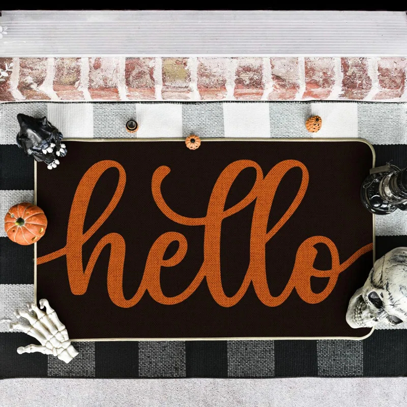 Black Orange Hello Halloween Doormat, Home Decor Low-Profile Switch Rug Door Mat Floor Mat For Indoor Outdoor 17X29 Inch