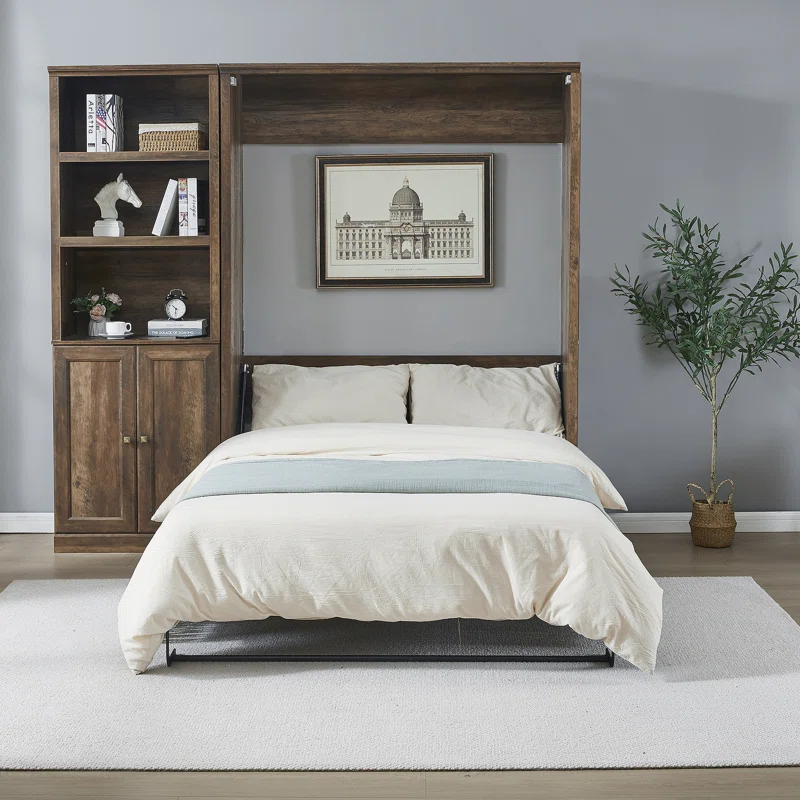 House On Tree Half Self-Close and Open Murphy Bed with 1 Side Cabinet Storage Shelf