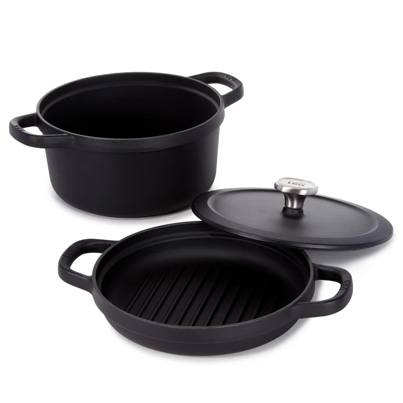 BergHOFF BergHOFF Graphite 3Pc Cast Iron Enamel Cookware Set, Covered Dutch Oven and Grill Pan