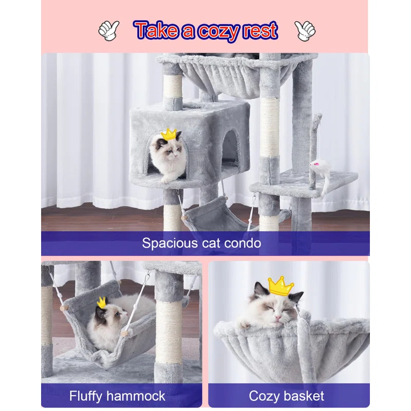 63" Cat Tree For Large Breeds - Spacious Platforms, Hammock, Sisal Scratching Posts & Cat Condo, Indoor Use