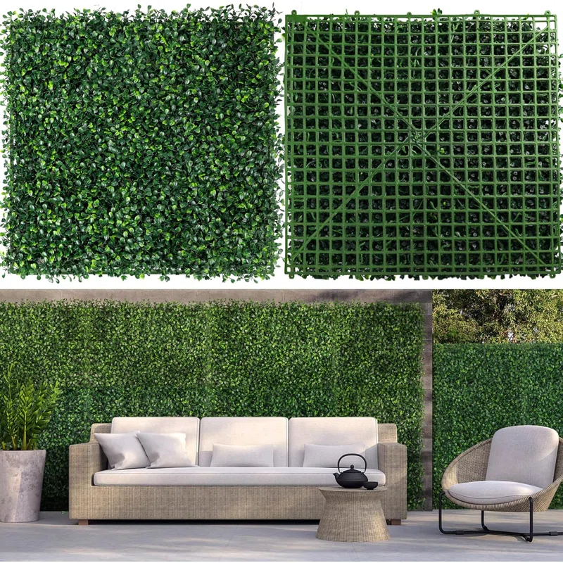 Tianqi Artificial Boxwood Plant Hedge, Green Grass Backdrop, Indoor and Outdoor Use (Set of 12)