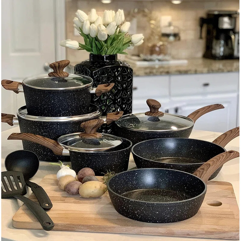 BN-LINKKL Kitchen Academy Induction Cookware Sets - 12 Piece Cooking Pan Set, Granite Black Nonstick Pots And Pans Set