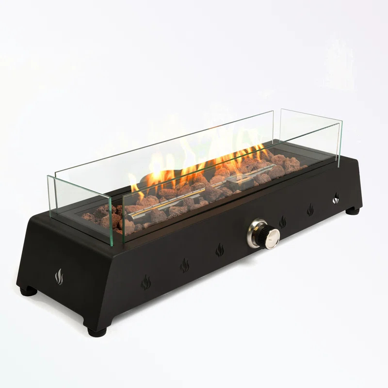 Tabletop Fire Pit with Quick Connect Joint, Glass Wind Guard and Lava Rock