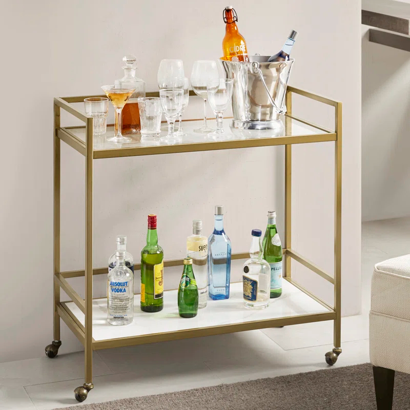 Martha Stewart Lionel 2-Tier Bar Cart with Glass Top and Ceramic Shelf