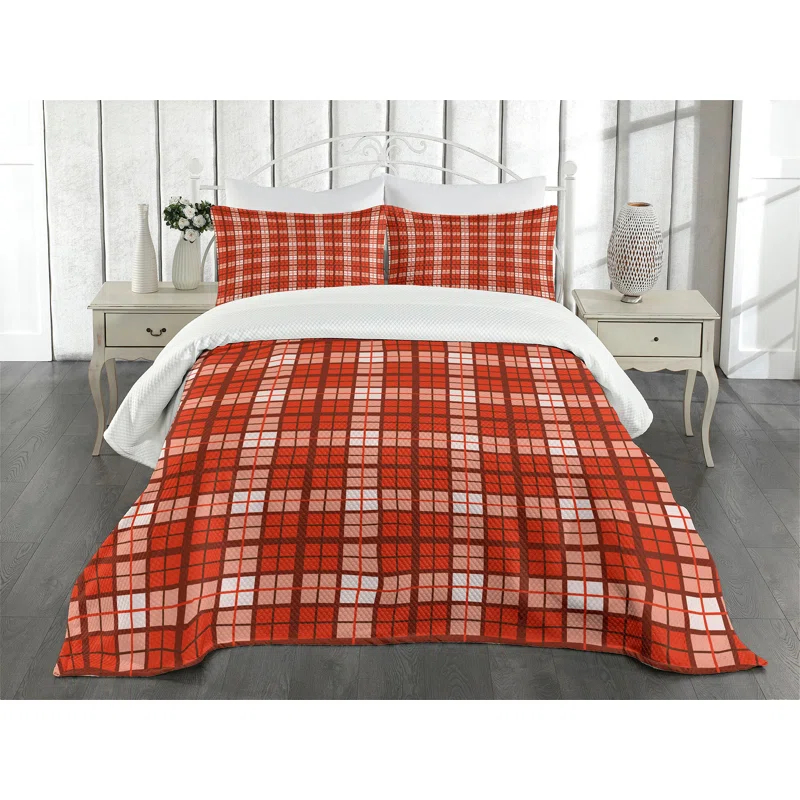 Ambesonne Ambesonne Plaid Bedspread Set Vintage Tartan Motif Vermilion White