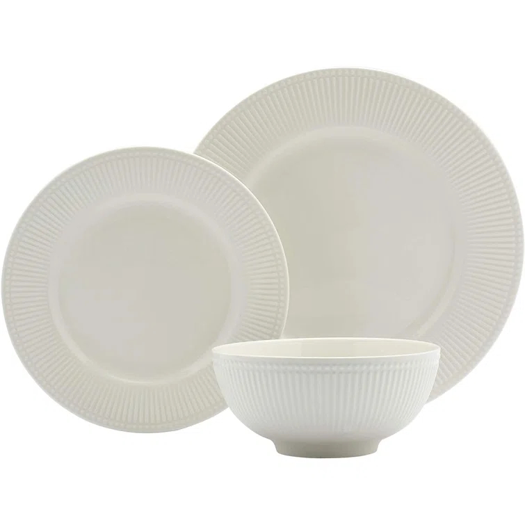 Tabletops Gallery Ivory Dinnerware 12 Piece Set Embossed Bone White Porcelain (Dinner Plate, Salad Plate, Cereal Bowl)
