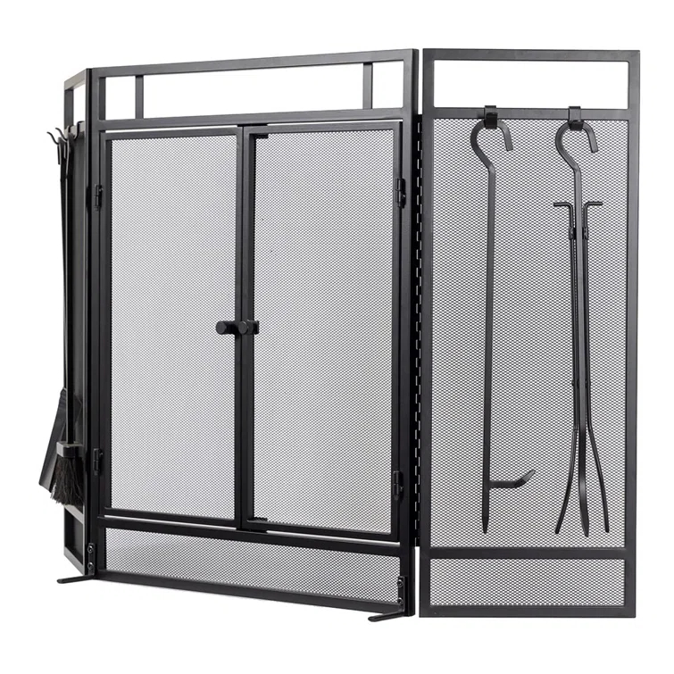 Kern River Mesh Trifold Fireplace Screen with 4 Piece Tool Set in Black