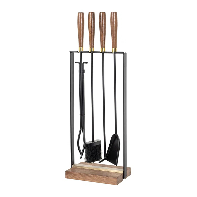 Country Living Walnut Grove 5 Piece Fireplace Tool Set in Black | Walnut Wood Handles