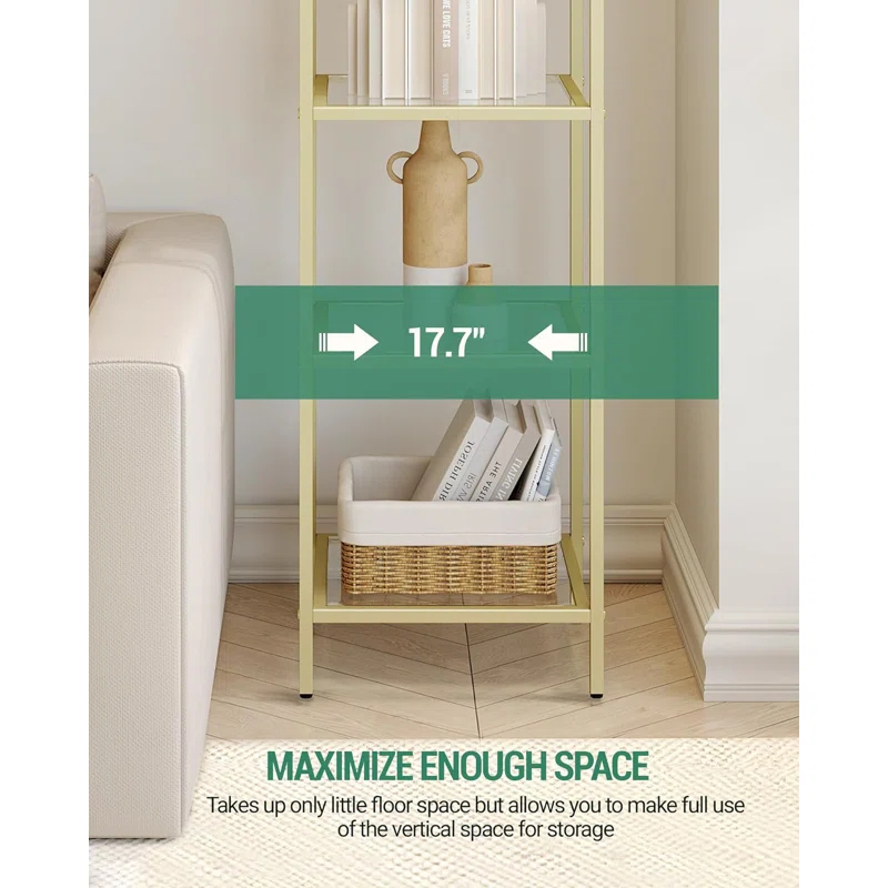 Mercer41 Bookcase Bookshelf, Tempered Glass Arched Bookshelf For More Storage, Slim Shelving Unit For Bedroom, Bathroom, Home Office, Steel Frame, 6 Tier Gold