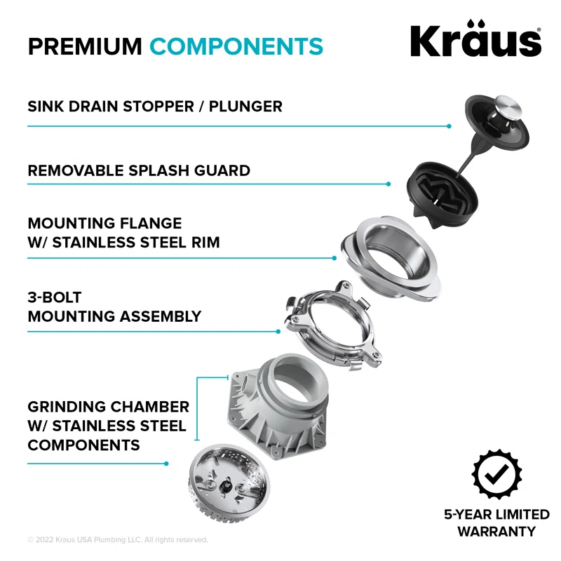 Kraus KRAUS Wasteguard High-Speed 3/4 HP Continuous Feed Ultra-Quiet Motor Garbage Disposal With Power Cord And Flange Included And Universal Mount, KWD210-75MGR