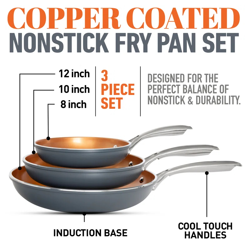 Gotham Steel Gotham Steel Copper 3 Piece Nonstick Fry Pan Set - 8'',10'', And 12''